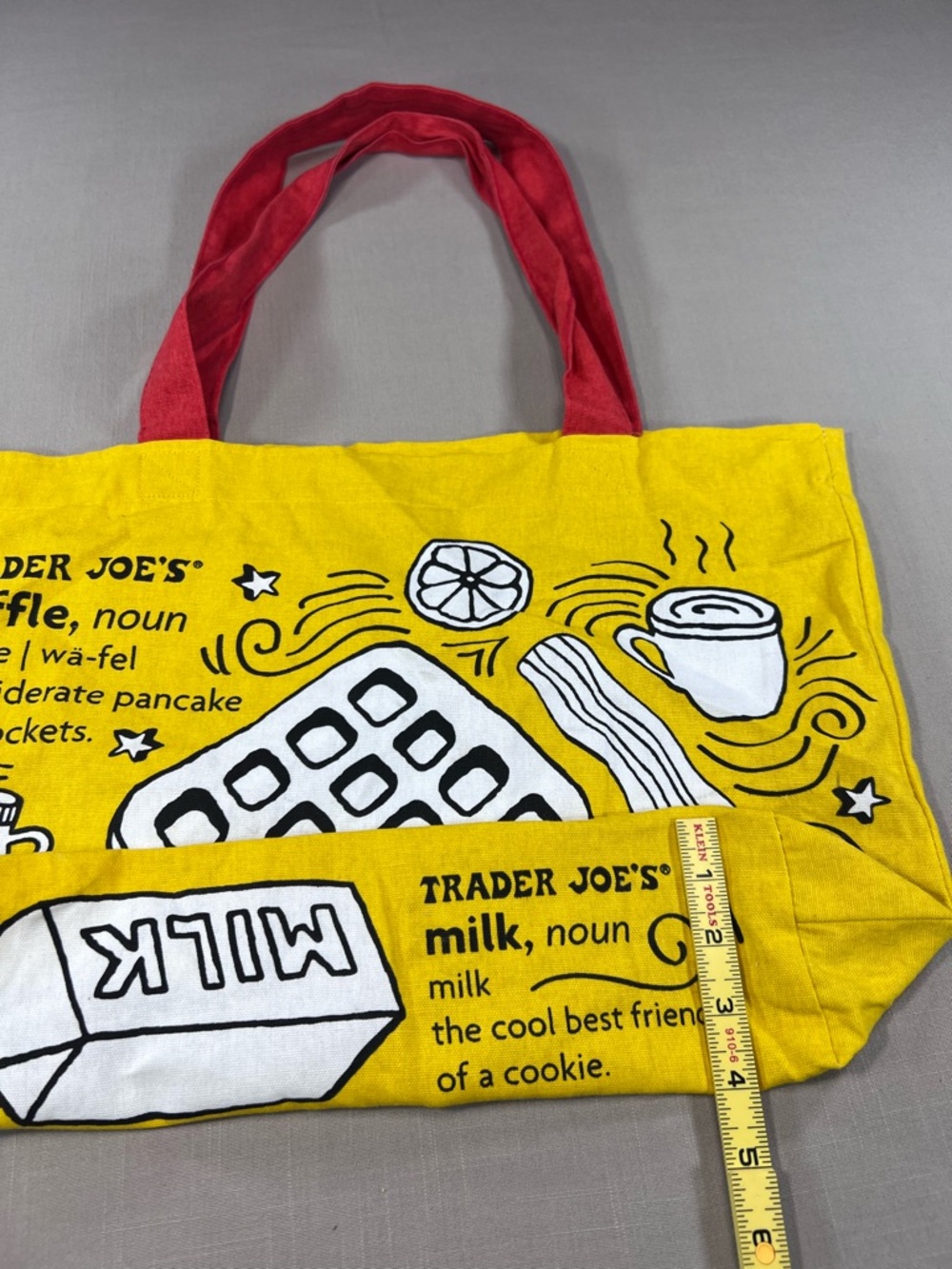 Trader Joe’s Yellow Canvas Tote Bag Red Handles Toast Milk Grocery Shopping Bag - Picture 7 of 8